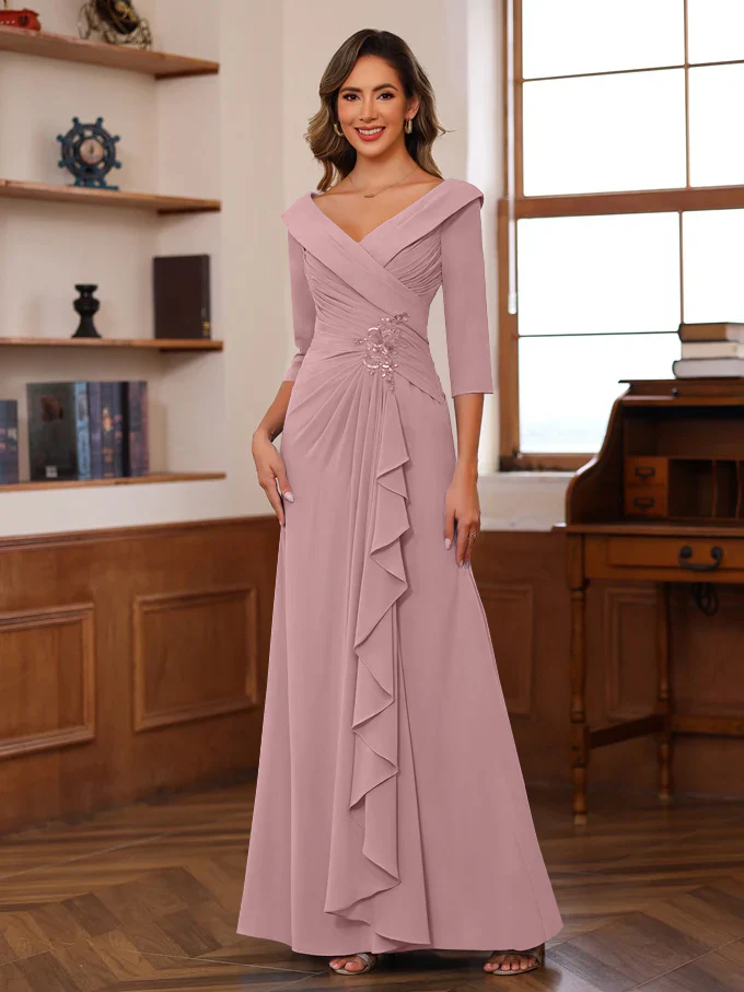 Sheath/Column V-Neck 3/4 Length Sleeves Floor-Length Unique Mother of the Bride Dresses with Ruffles & Appliques - Image 37