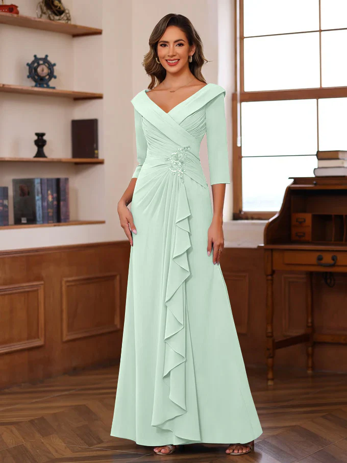 Sheath/Column V-Neck 3/4 Length Sleeves Floor-Length Unique Mother of the Bride Dresses with Ruffles & Appliques - Image 38