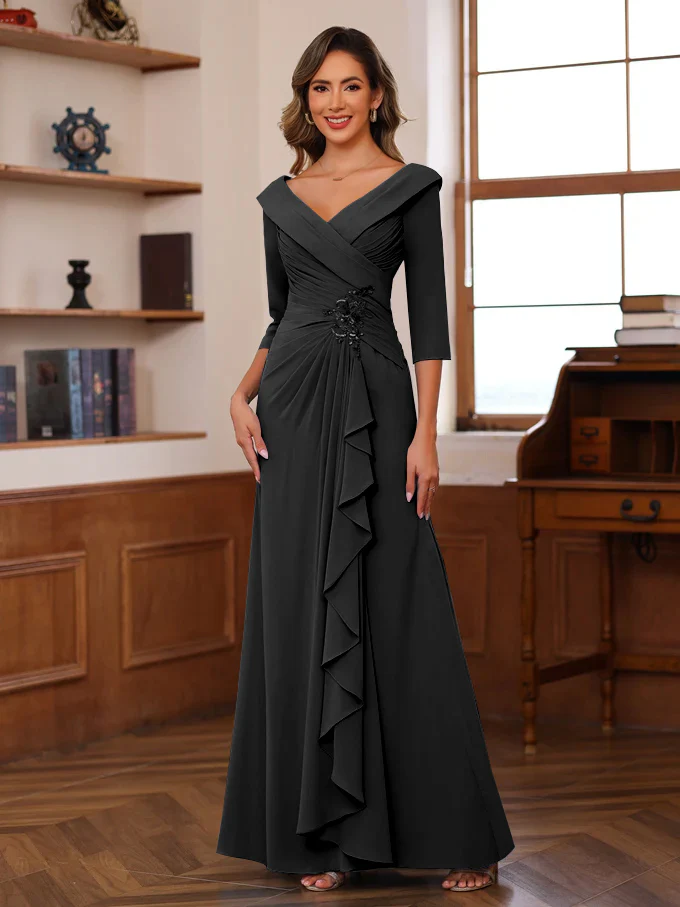 Sheath/Column V-Neck 3/4 Length Sleeves Floor-Length Unique Mother of the Bride Dresses with Ruffles & Appliques - Image 6