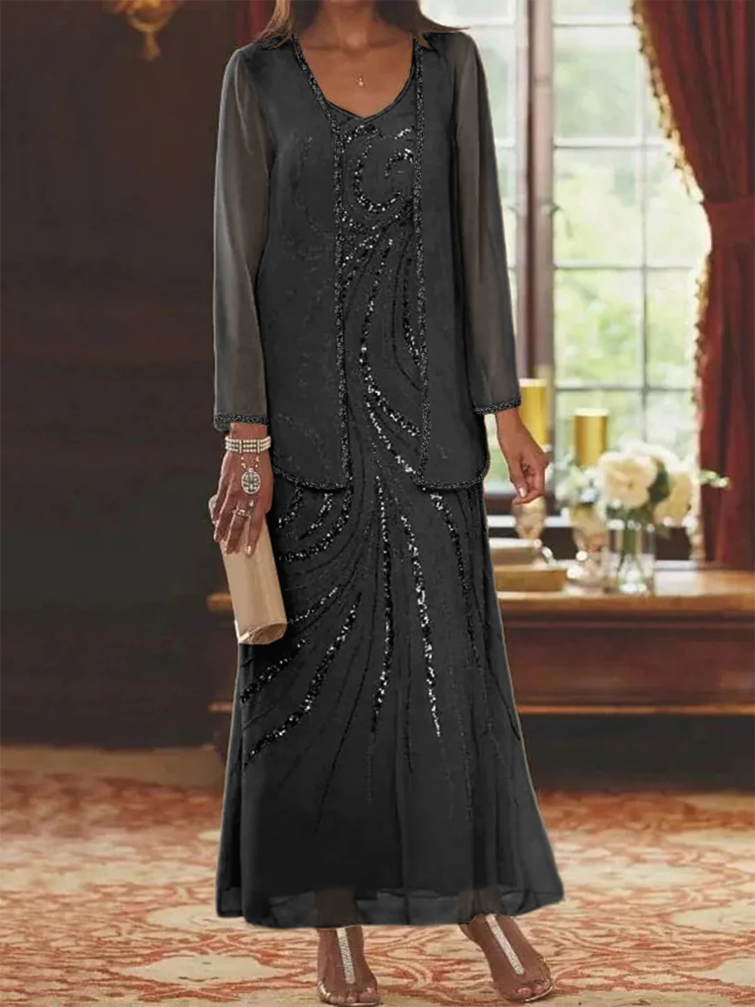 Sheath/Column V-Neck Ankle-Length Mother of the Bride Dresses with Jacket & Sequins Beading - Image 11