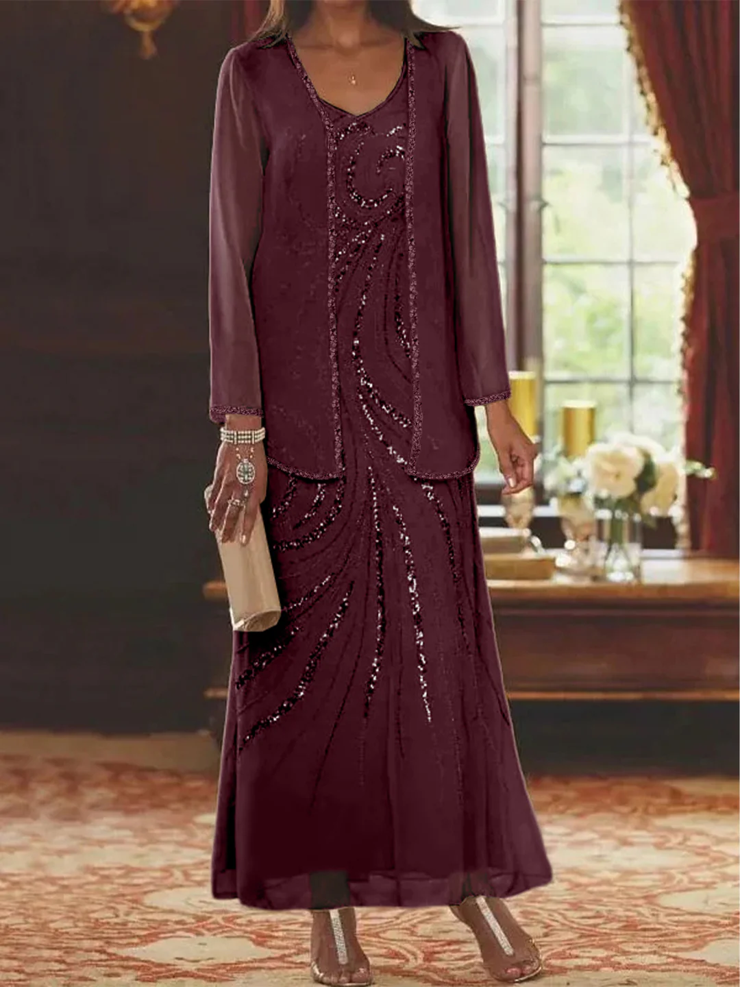 Sheath/Column V-Neck Ankle-Length Mother of the Bride Dresses with Jacket & Sequins Beading - Image 13