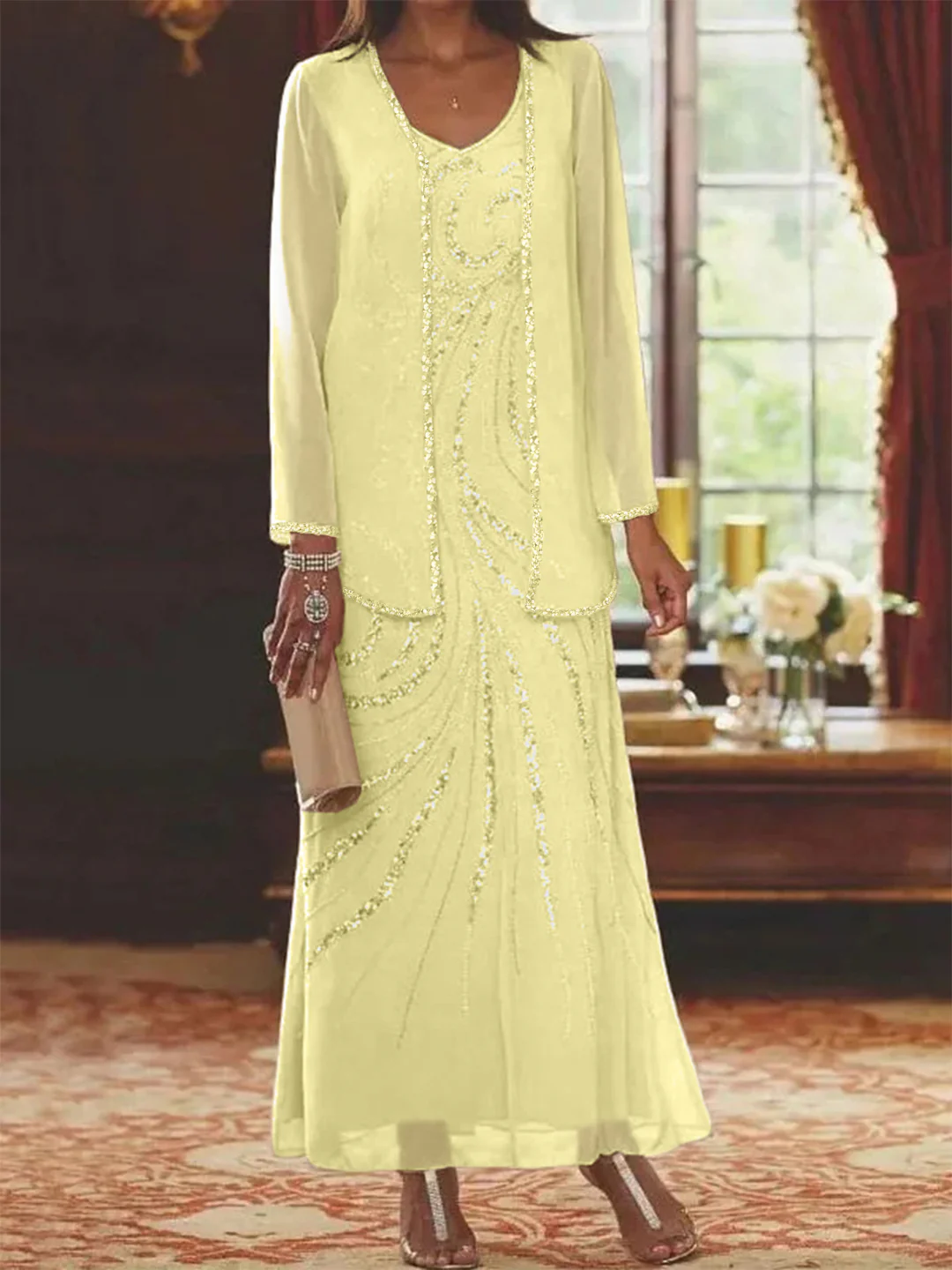 Sheath/Column V-Neck Ankle-Length Mother of the Bride Dresses with Jacket & Sequins Beading - Image 15