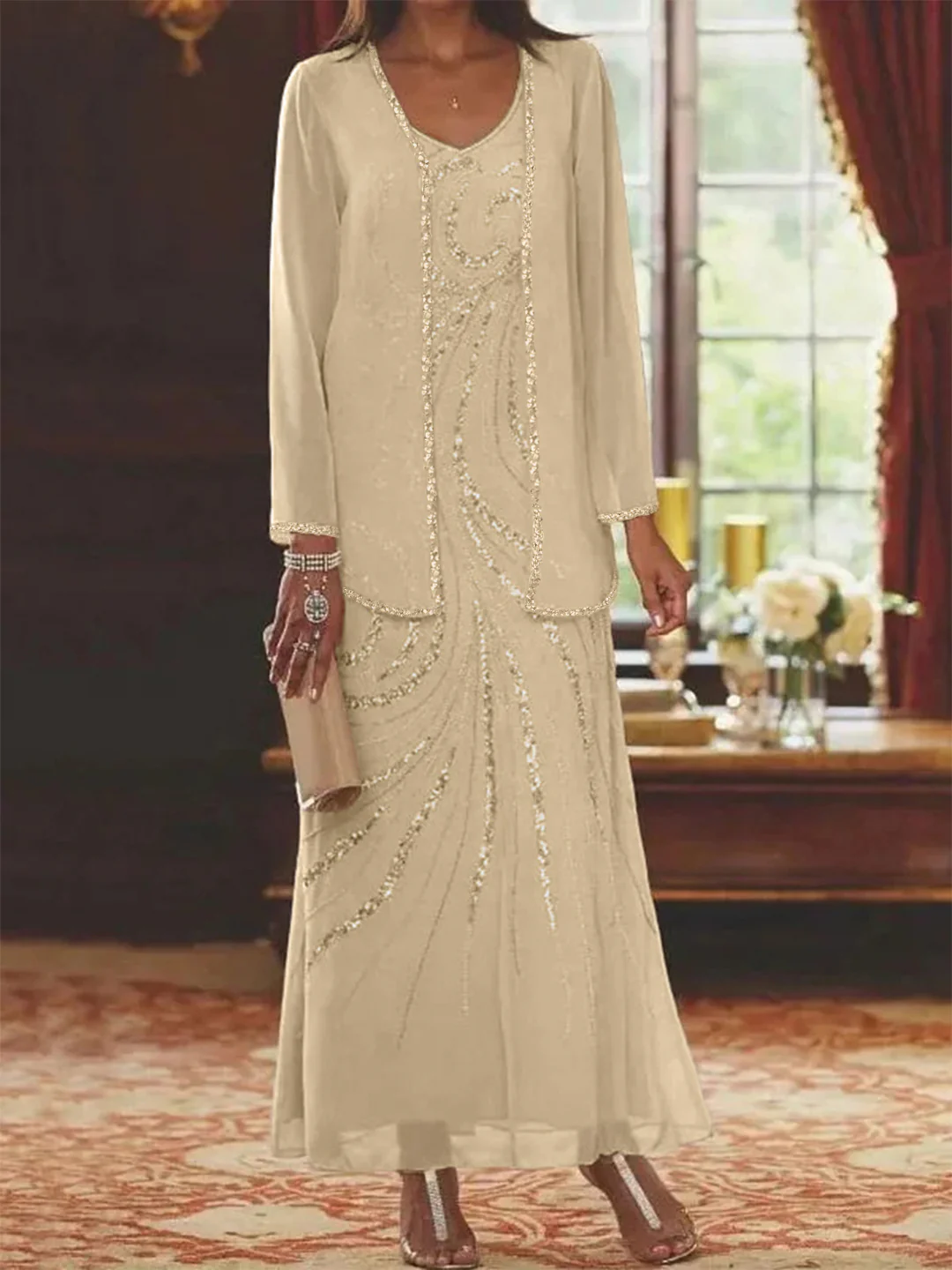 Sheath/Column V-Neck Ankle-Length Mother of the Bride Dresses with Jacket & Sequins Beading - Image 16