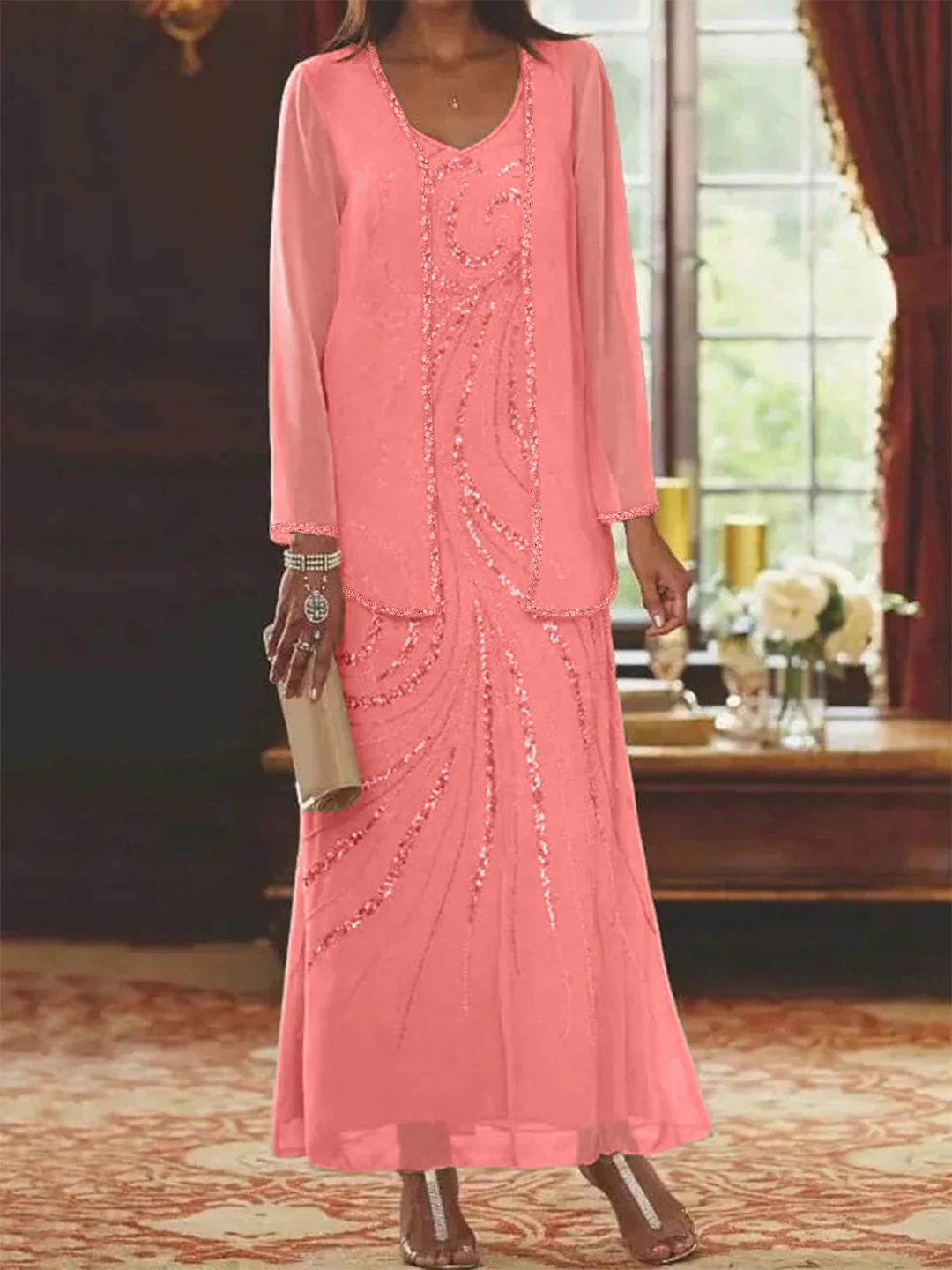 Sheath/Column V-Neck Ankle-Length Mother of the Bride Dresses with Jacket & Sequins Beading - Image 17