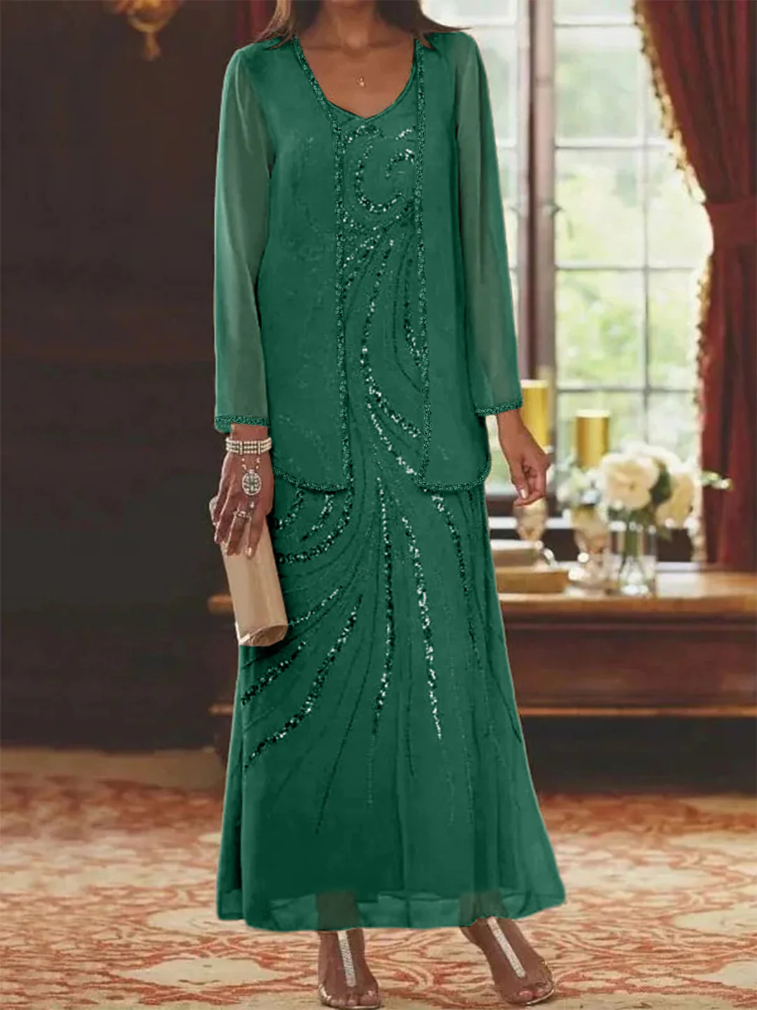 Sheath/Column V-Neck Ankle-Length Mother of the Bride Dresses with Jacket & Sequins Beading - Image 18