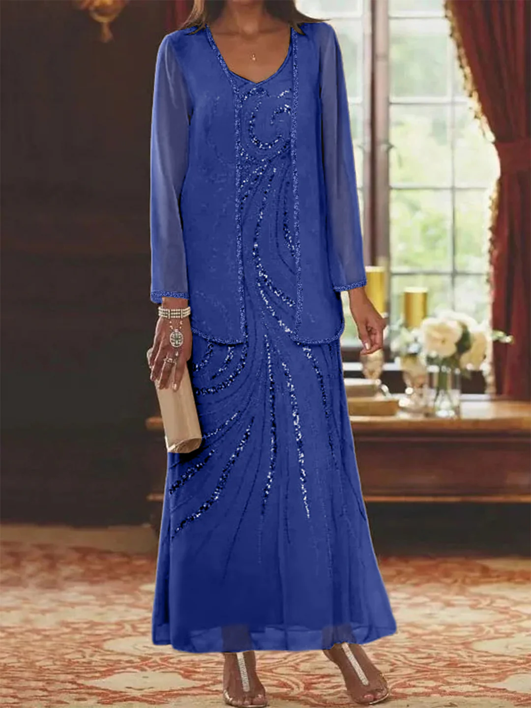 Sheath/Column V-Neck Ankle-Length Mother of the Bride Dresses with Jacket & Sequins Beading - Image 19