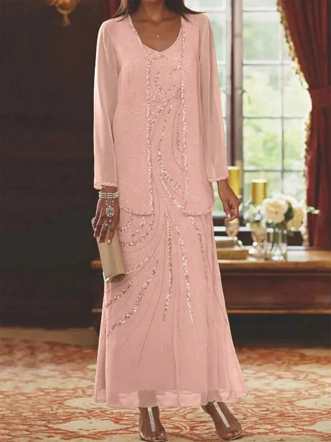 Sheath/Column V-Neck Ankle-Length Mother of the Bride Dresses with Jacket & Sequins Beading - Image 23