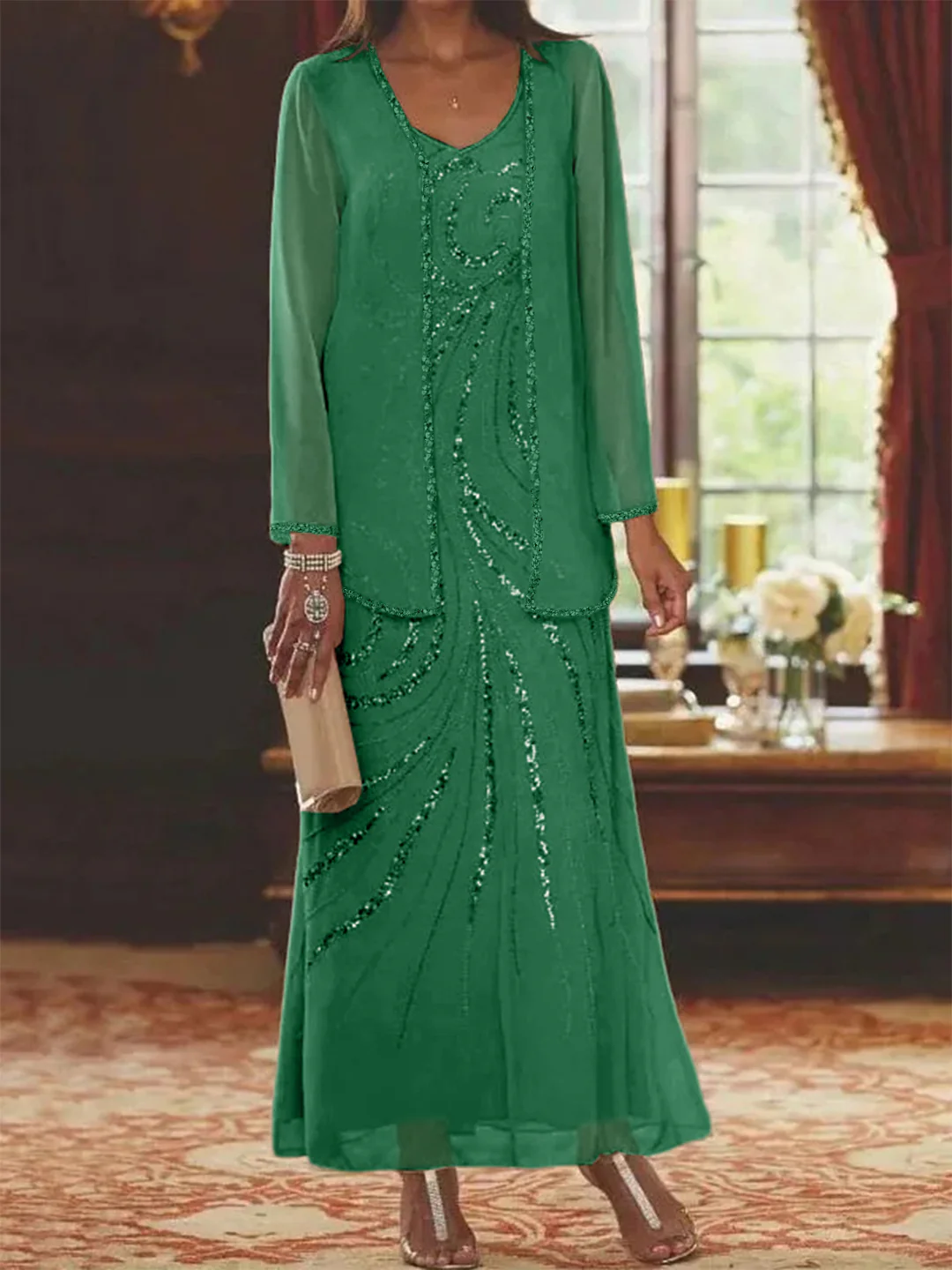 Sheath/Column V-Neck Ankle-Length Mother of the Bride Dresses with Jacket & Sequins Beading - Image 25