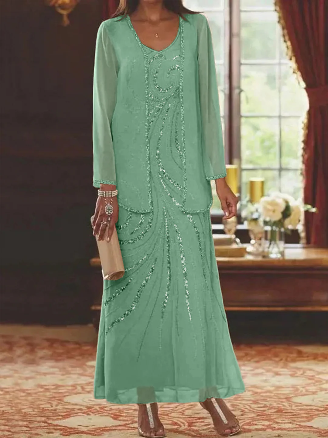 Sheath/Column V-Neck Ankle-Length Mother of the Bride Dresses with Jacket & Sequins Beading - Image 26