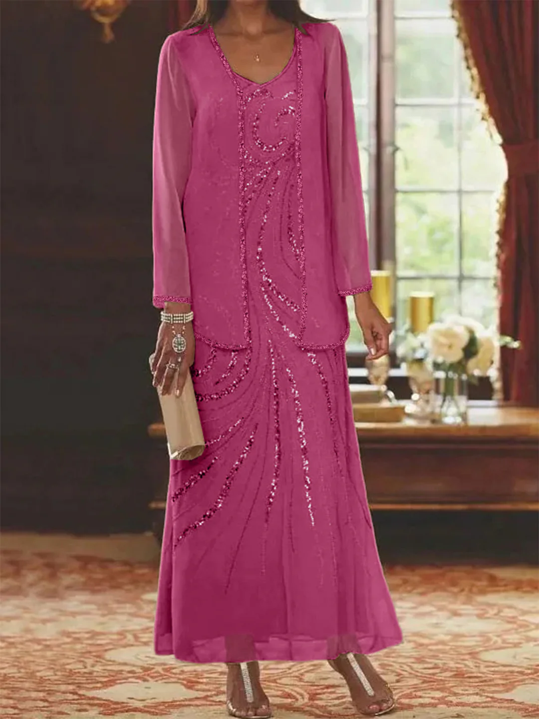Sheath/Column V-Neck Ankle-Length Mother of the Bride Dresses with Jacket & Sequins Beading - Image 27