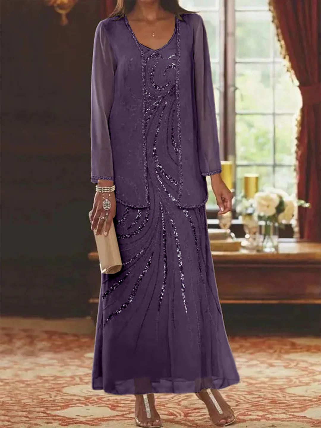 Sheath/Column V-Neck Ankle-Length Mother of the Bride Dresses with Jacket & Sequins Beading - Image 30