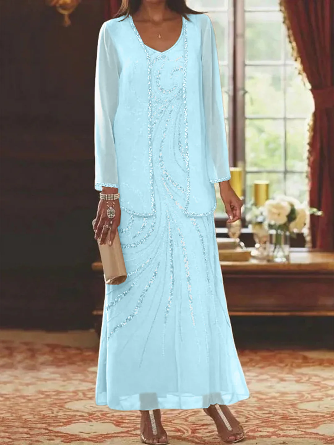 Sheath/Column V-Neck Ankle-Length Mother of the Bride Dresses with Jacket & Sequins Beading - Image 40