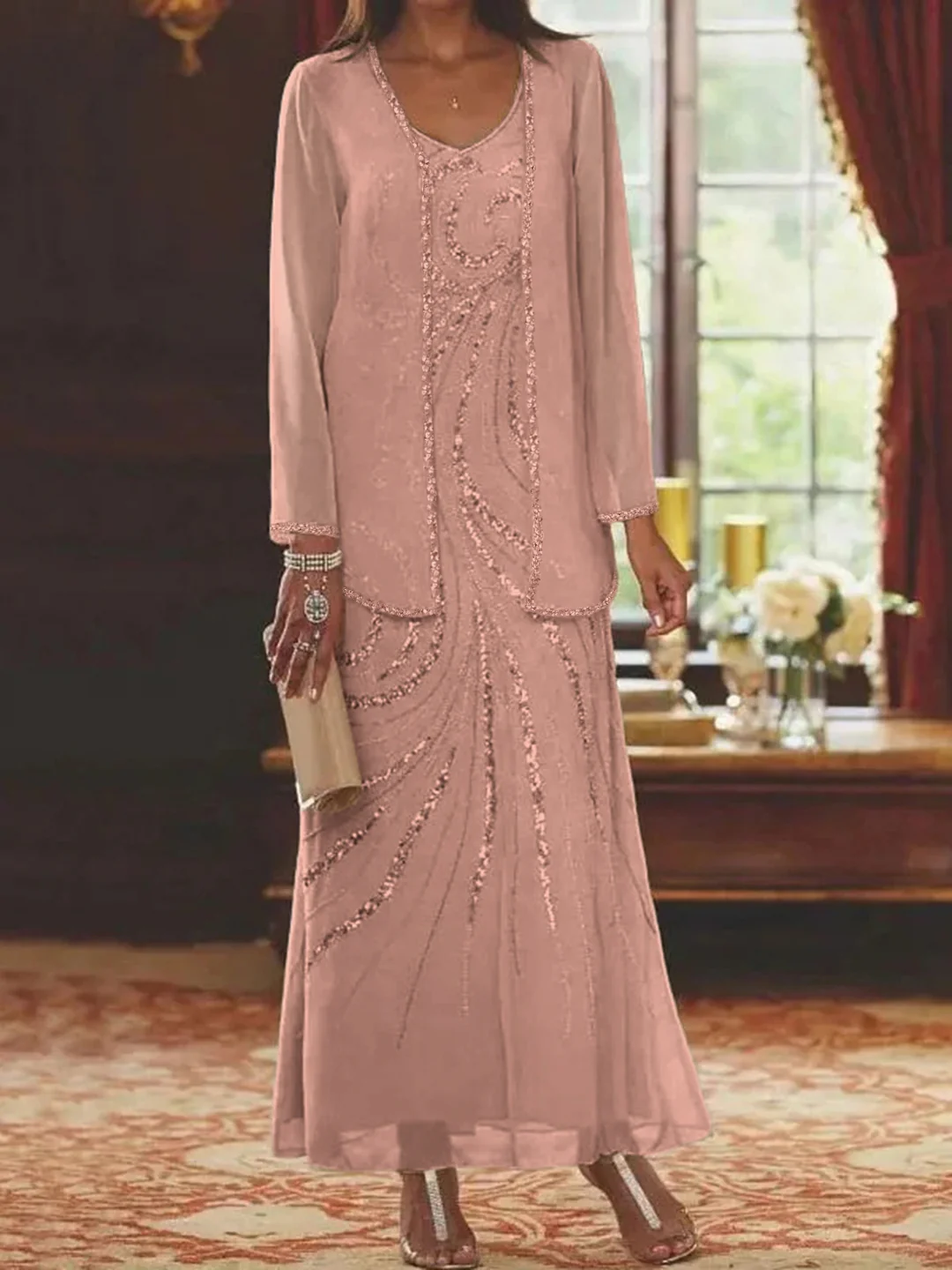 Sheath/Column V-Neck Ankle-Length Mother of the Bride Dresses with Jacket & Sequins Beading - Image 42