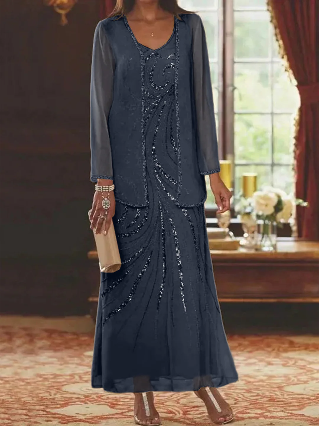 Sheath/Column V-Neck Ankle-Length Mother of the Bride Dresses with Jacket & Sequins Beading - Image 47