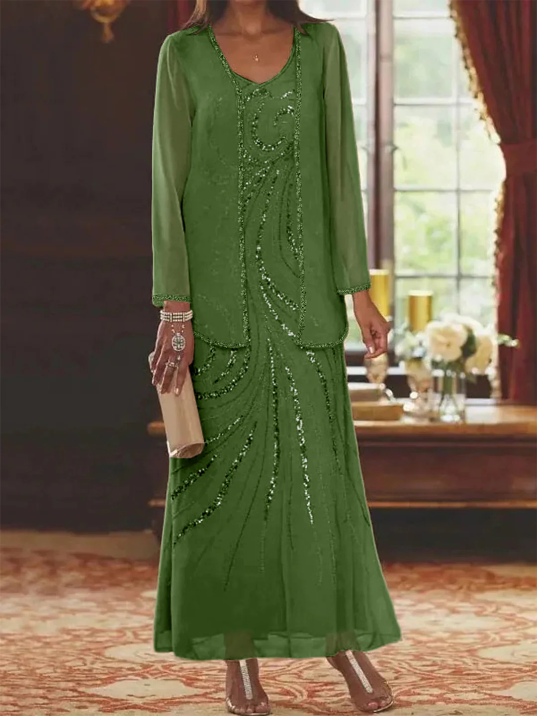 Sheath/Column V-Neck Ankle-Length Mother of the Bride Dresses with Jacket & Sequins Beading - Image 50