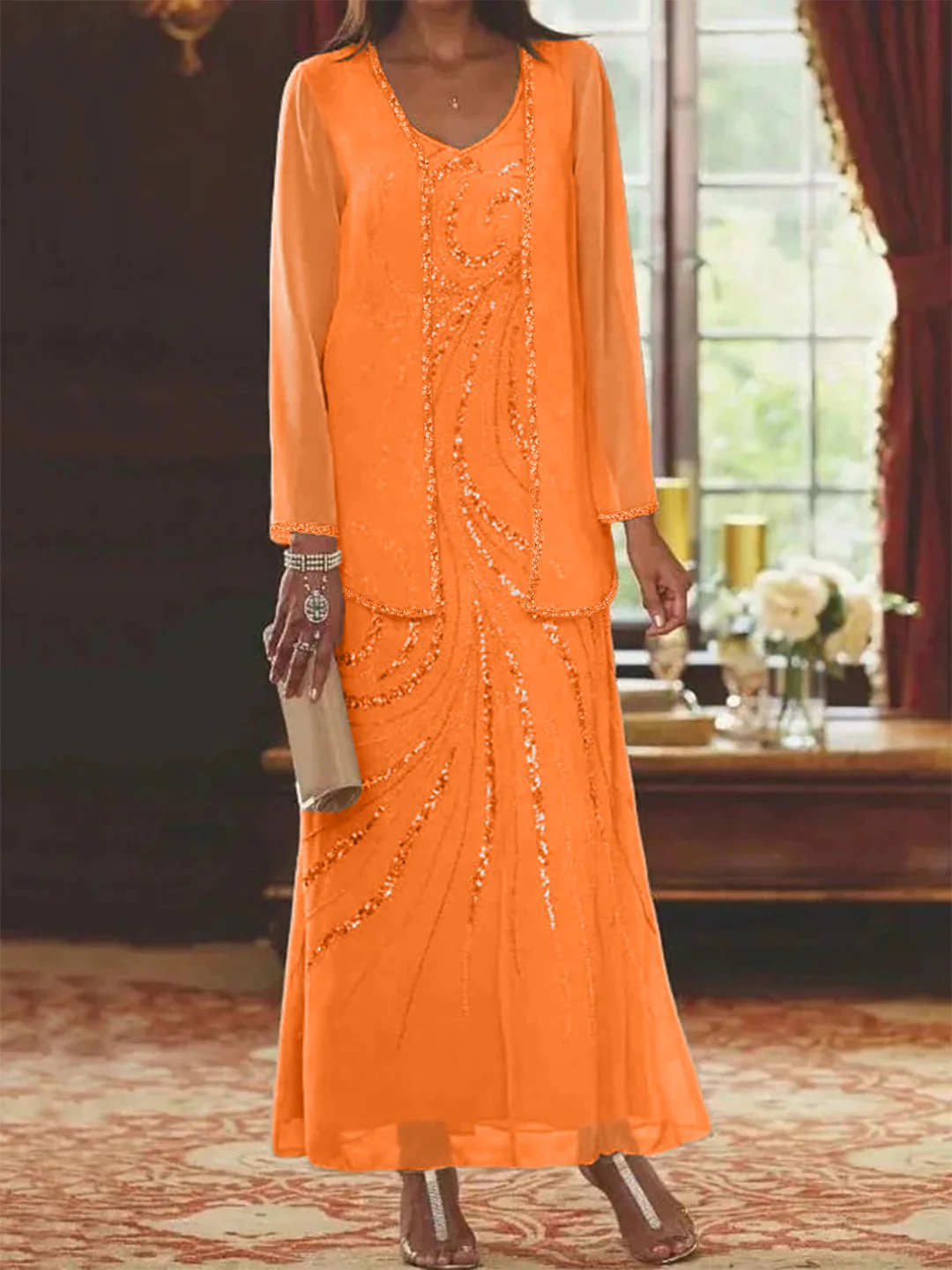 Sheath/Column V-Neck Ankle-Length Mother of the Bride Dresses with Jacket & Sequins Beading - Image 51