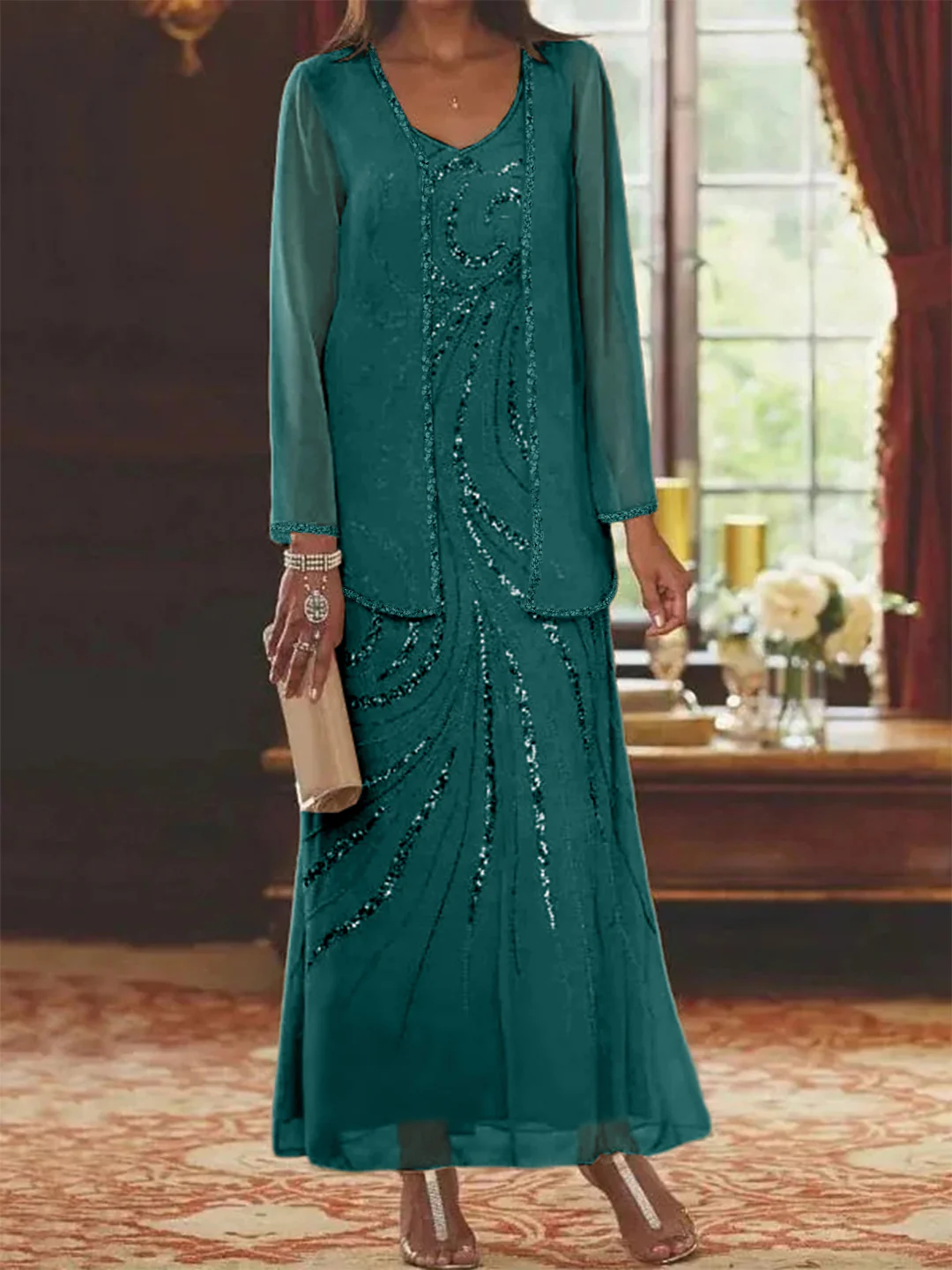 Sheath/Column V-Neck Ankle-Length Mother of the Bride Dresses with Jacket & Sequins Beading - Image 54