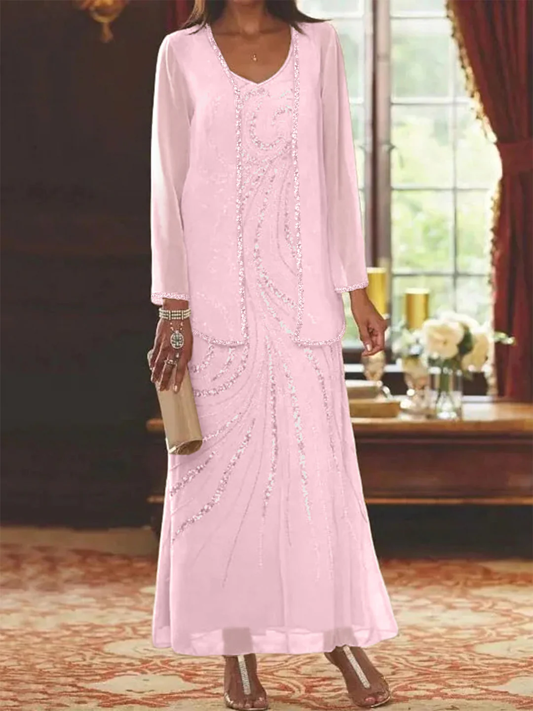 Sheath/Column V-Neck Ankle-Length Mother of the Bride Dresses with Jacket & Sequins Beading - Image 56