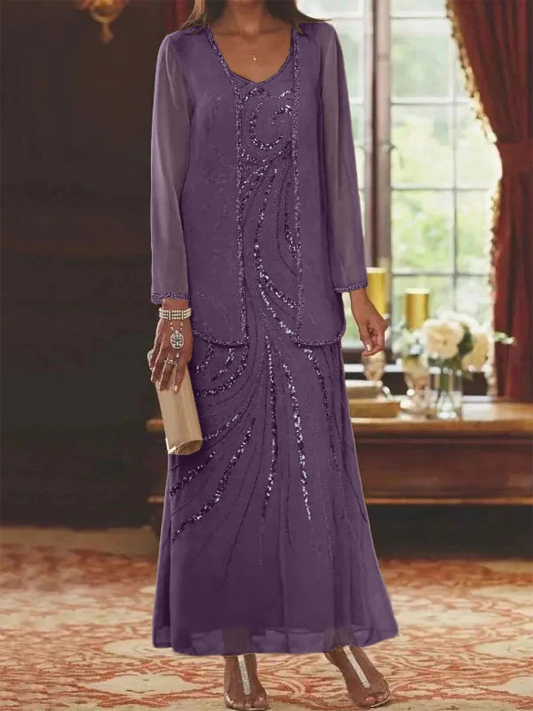 Sheath/Column V-Neck Ankle-Length Mother of the Bride Dresses with Jacket & Sequins Beading - Image 57