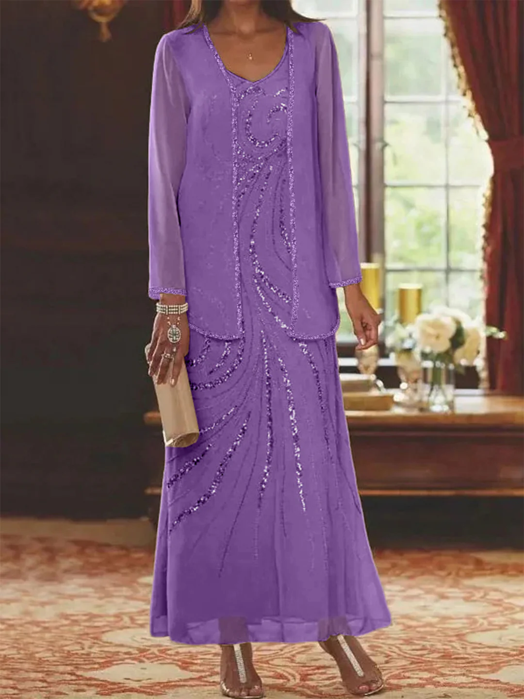 Sheath/Column V-Neck Ankle-Length Mother of the Bride Dresses with Jacket & Sequins Beading - Image 58