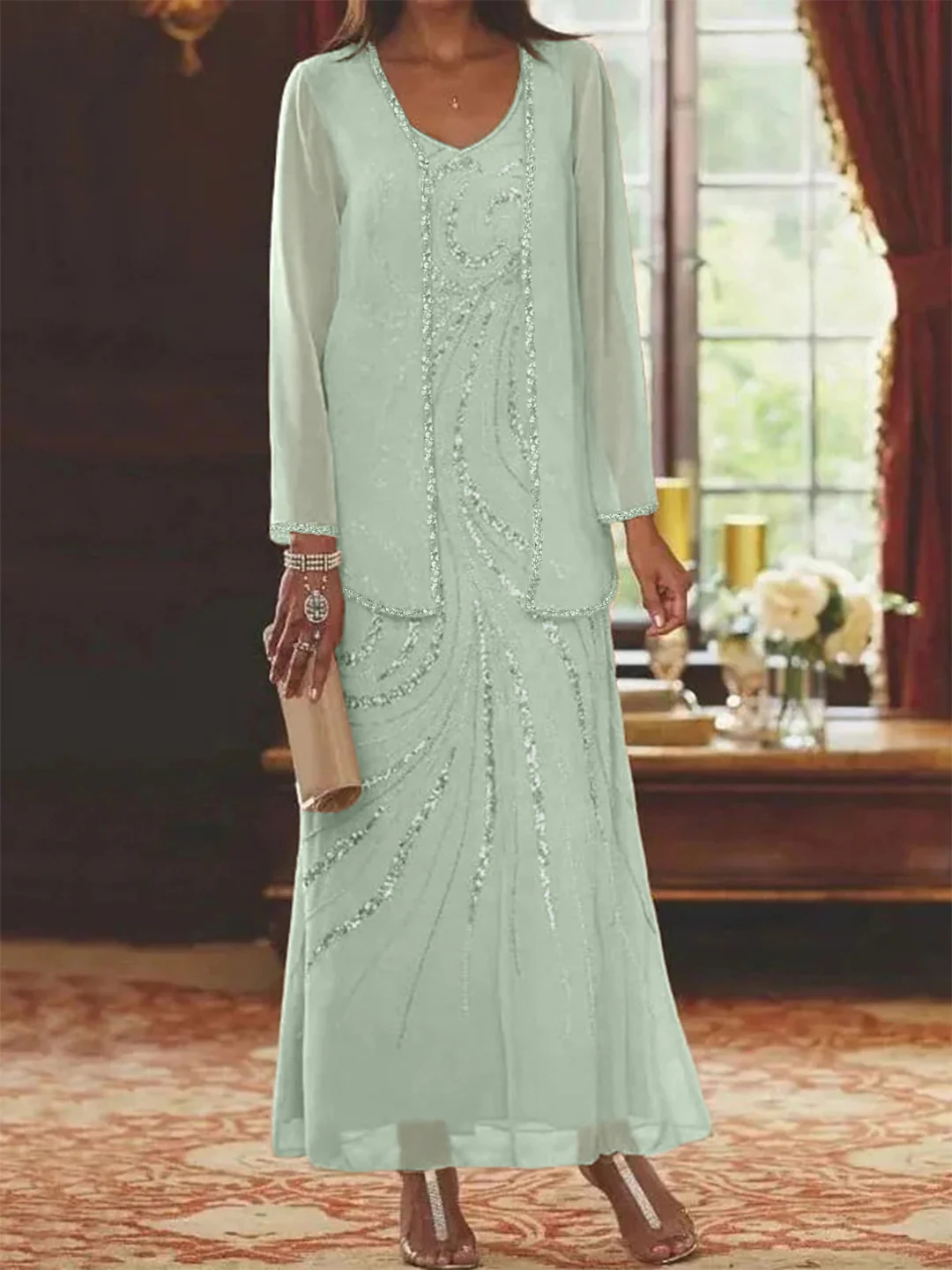 Sheath/Column V-Neck Ankle-Length Mother of the Bride Dresses with Jacket & Sequins Beading - Image 62