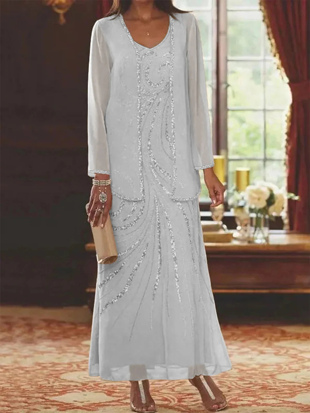 Sheath/Column V-Neck Ankle-Length Mother of the Bride Dresses with Jacket & Sequins Beading - Image 64