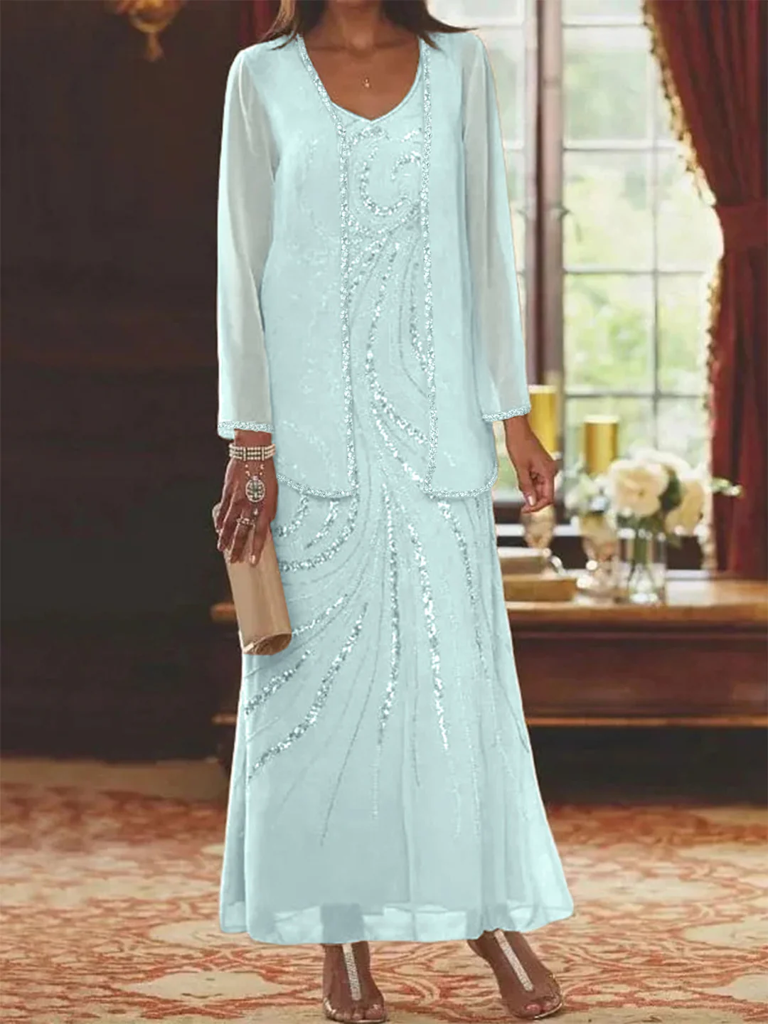 Sheath/Column V-Neck Ankle-Length Mother of the Bride Dresses with Jacket & Sequins Beading - Image 66