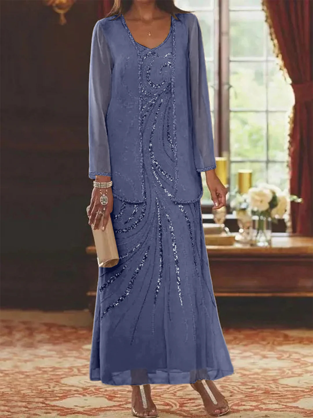 Sheath/Column V-Neck Ankle-Length Mother of the Bride Dresses with Jacket & Sequins Beading - Image 69