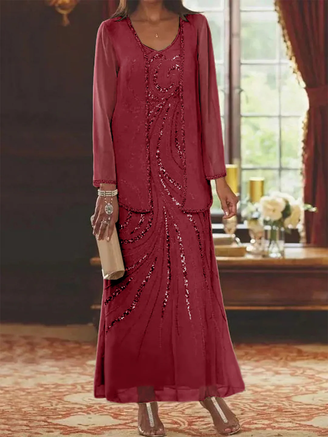 Sheath/Column V-Neck Ankle-Length Mother of the Bride Dresses with Jacket & Sequins Beading - Image 74