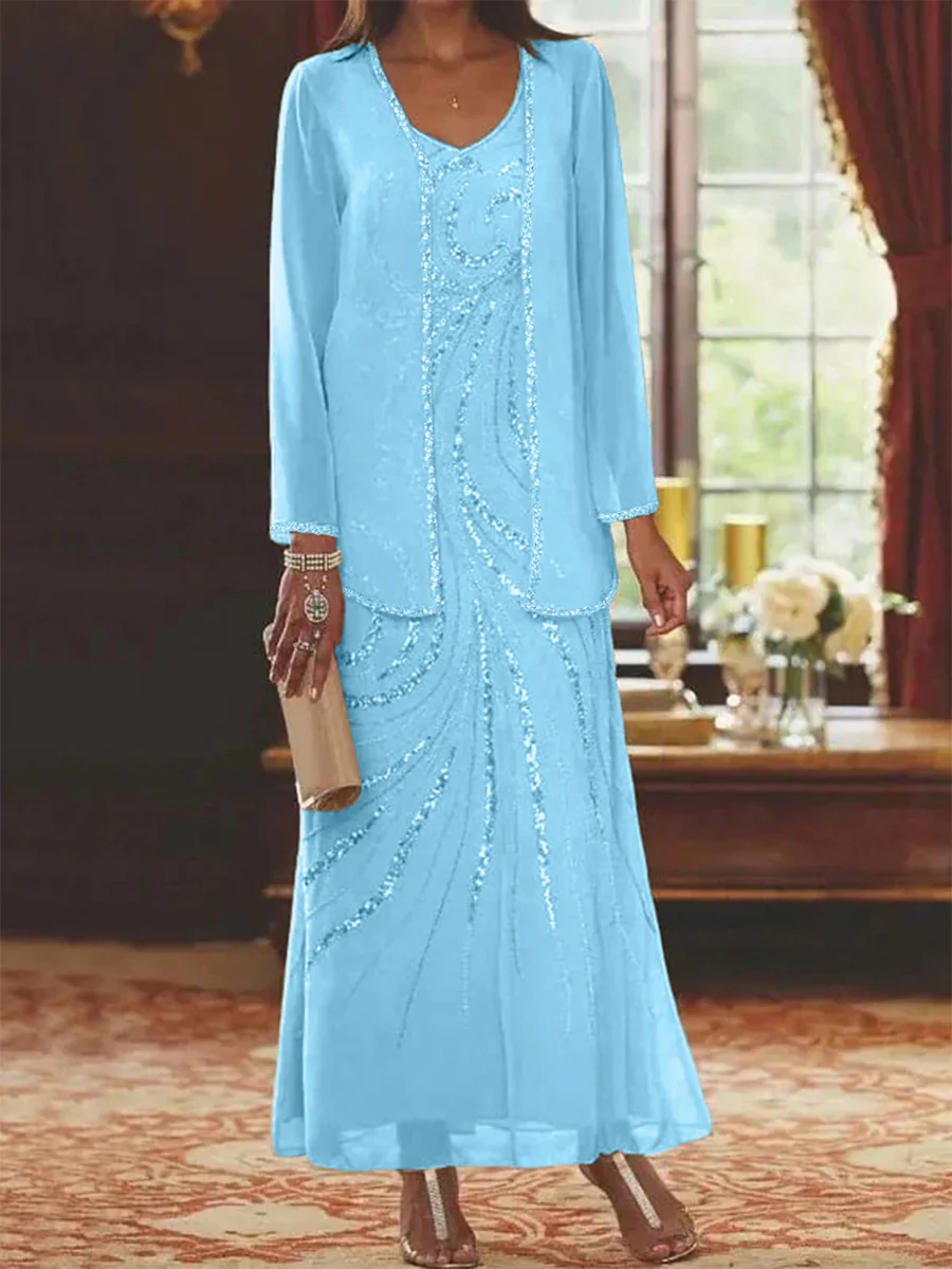 Sheath/Column V-Neck Ankle-Length Mother of the Bride Dresses with Jacket & Sequins Beading - Image 78
