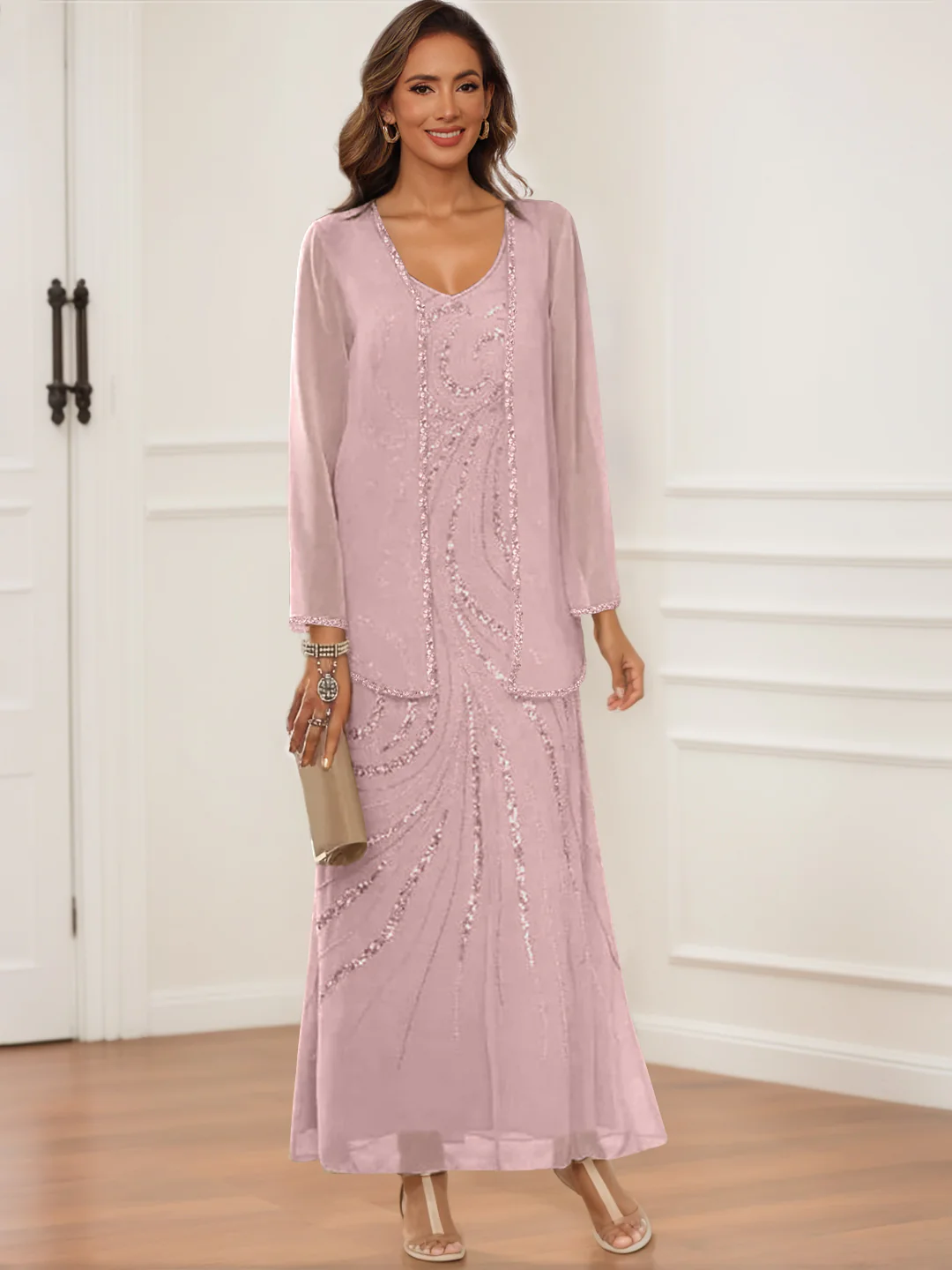 Sheath/Column V-Neck Ankle-Length Mother of the Bride & Groom Dresses with Jacket & Sequins - Image 19