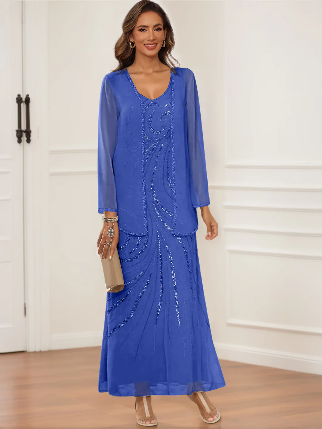 Sheath/Column V-Neck Ankle-Length Mother of the Bride & Groom Dresses with Jacket & Sequins - Image 27