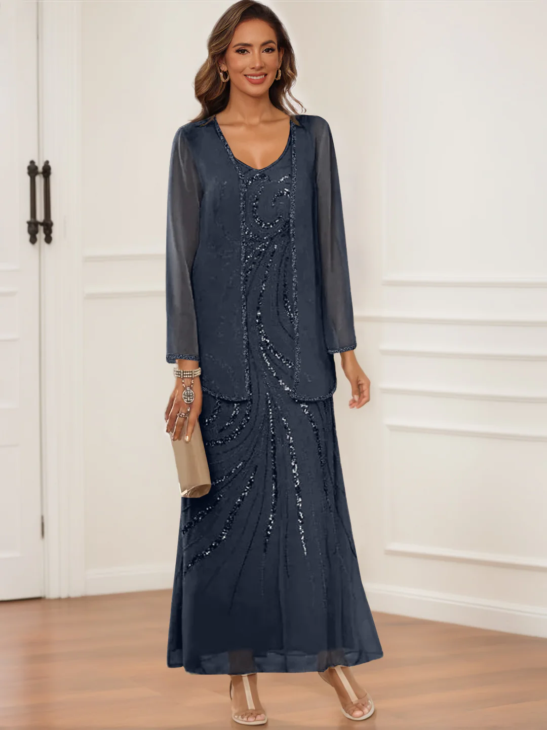 Sheath/Column V-Neck Ankle-Length Mother of the Bride & Groom Dresses with Jacket & Sequins - Image 34