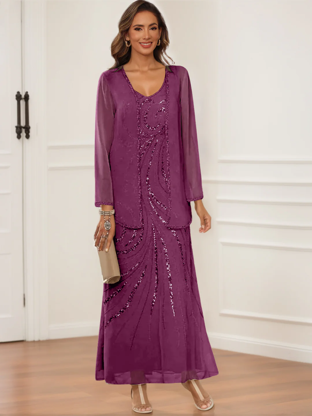Sheath/Column V-Neck Ankle-Length Mother of the Bride & Groom Dresses with Jacket & Sequins - Image 39