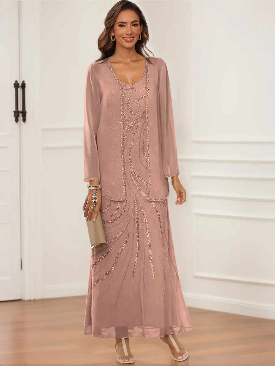 Sheath/Column V-Neck Ankle-Length Mother of the Bride & Groom Dresses with Jacket & Sequins - Image 5