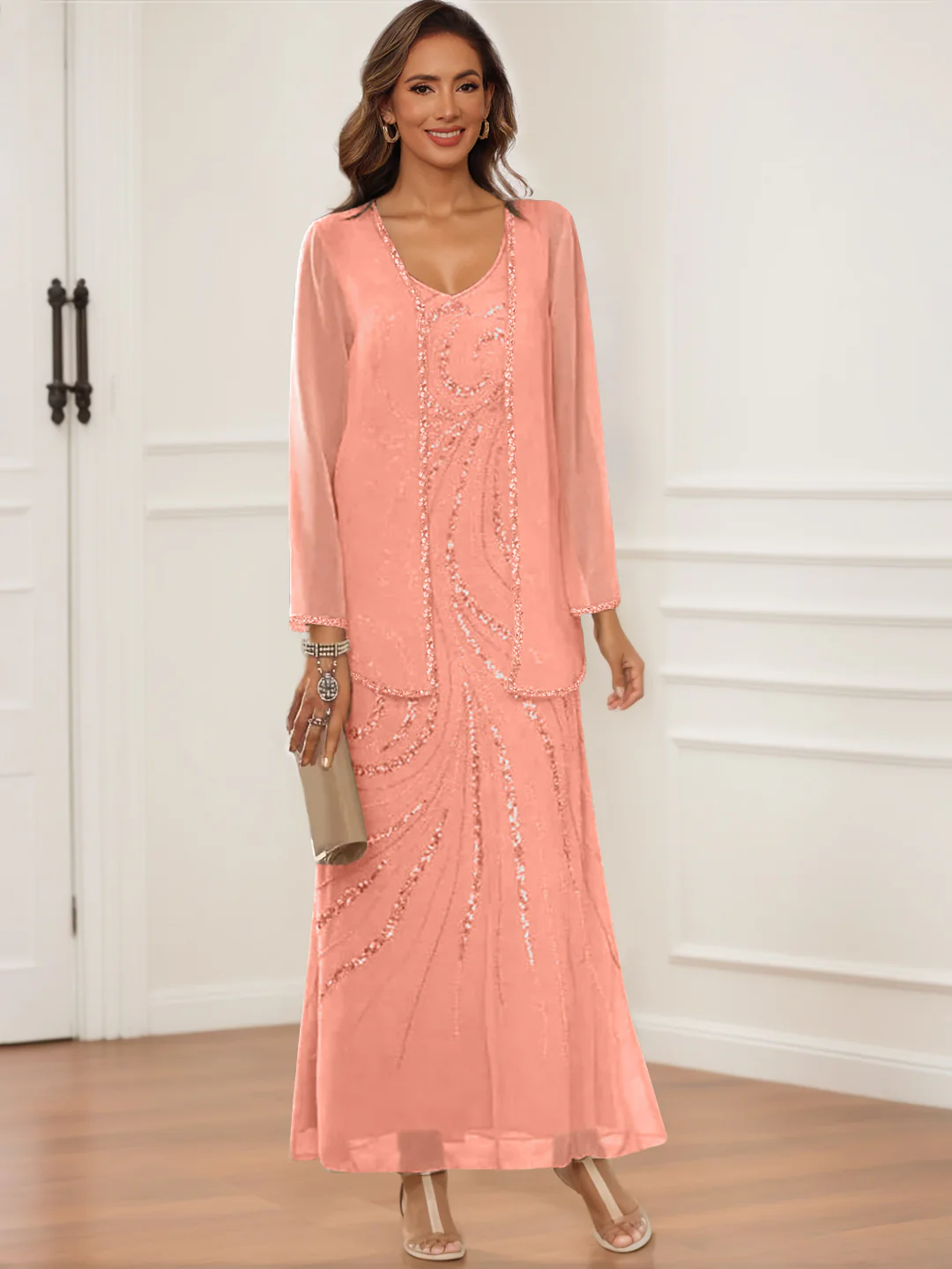 Sheath/Column V-Neck Ankle-Length Mother of the Bride & Groom Dresses with Jacket & Sequins - Image 50