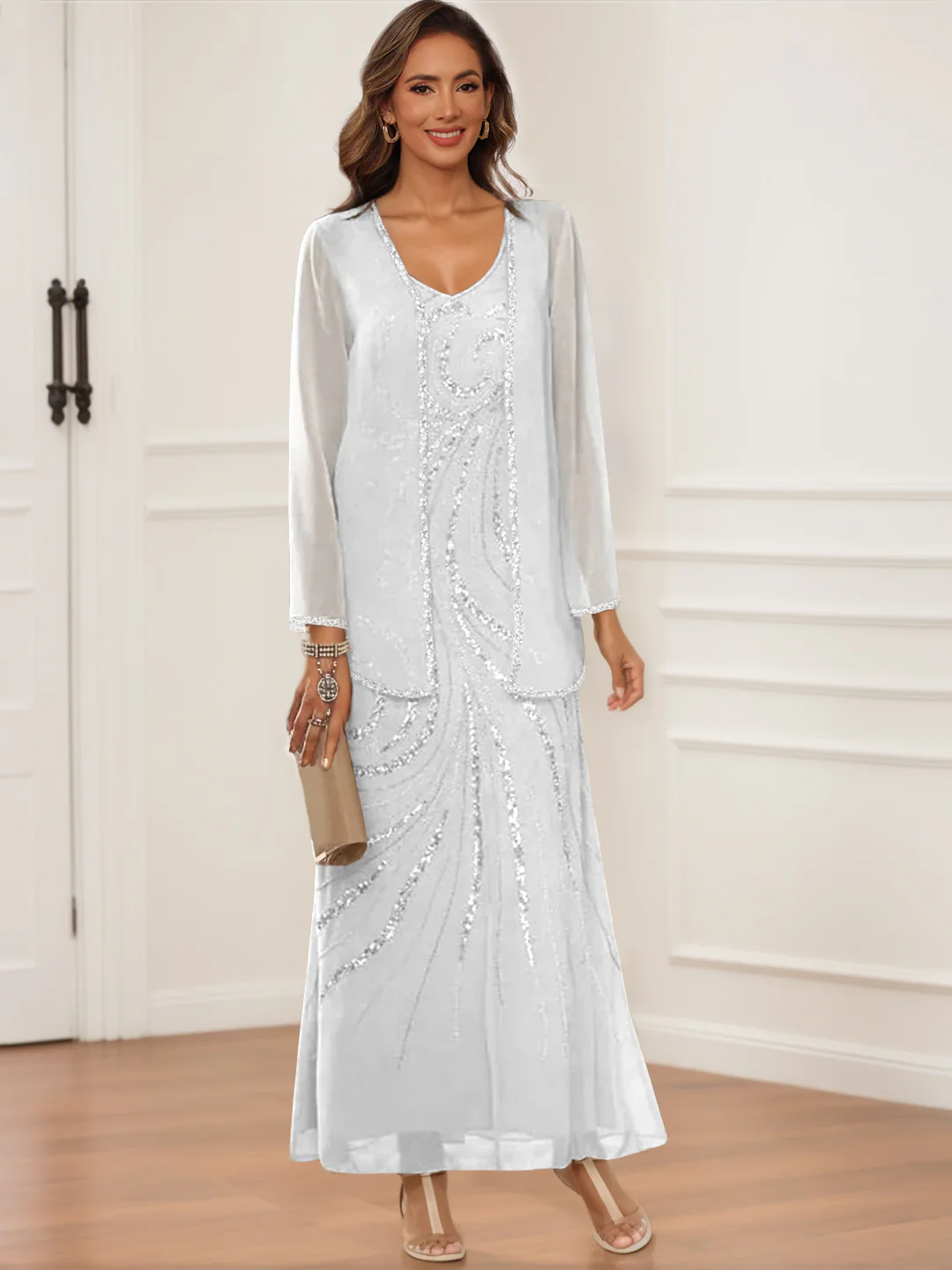 Sheath/Column V-Neck Ankle-Length Mother of the Bride & Groom Dresses with Jacket & Sequins - Image 58