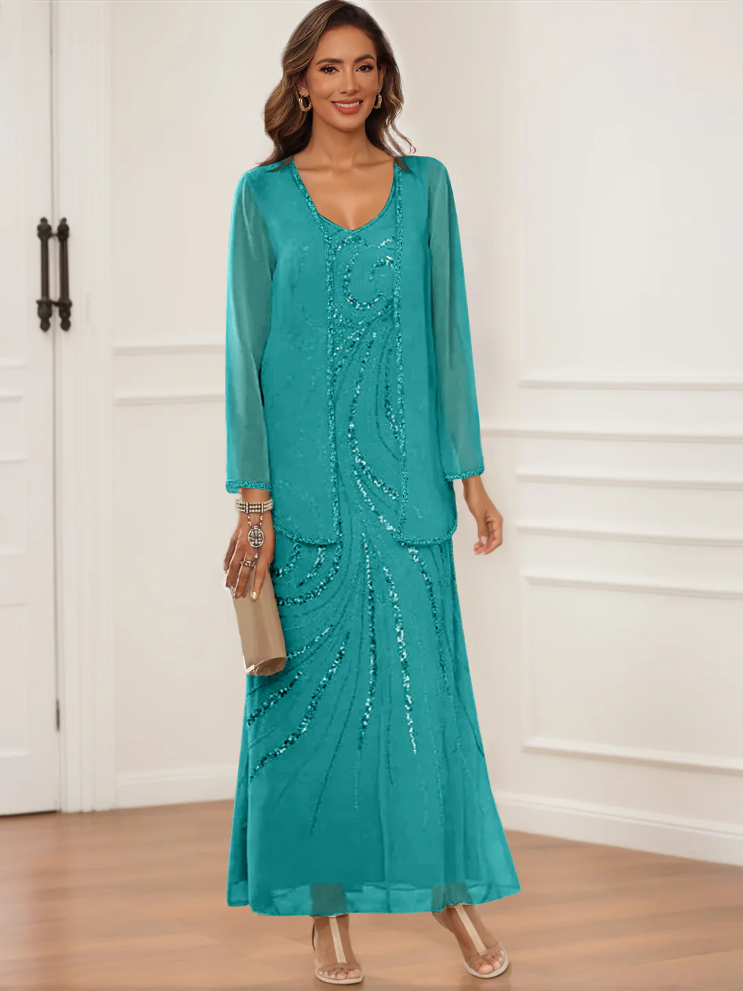 Sheath/Column V-Neck Ankle-Length Mother of the Bride & Groom Dresses with Jacket & Sequins - Image 8