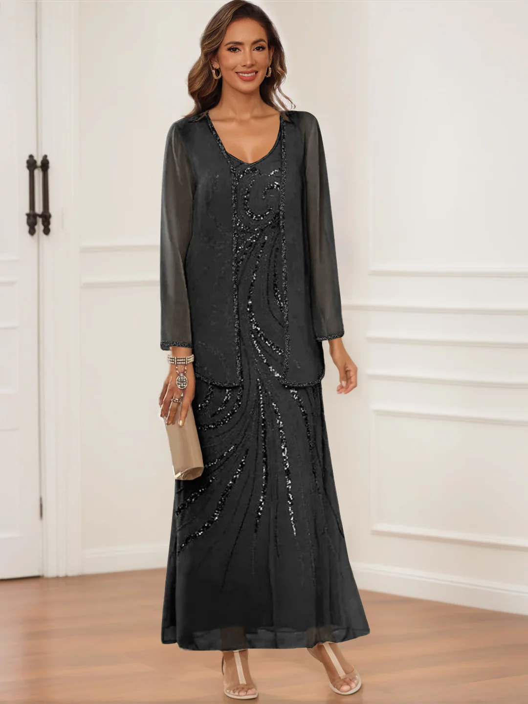 Sheath/Column V-Neck Ankle-Length Mother of the Bride & Groom Dresses with Jacket & Sequins - Image 9