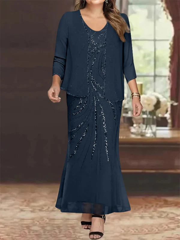 Sheath/Column V-Neck Ankle-Length Plus Size Mother of the Bride Dresses with Jacket & Sequins Beading - Image 10