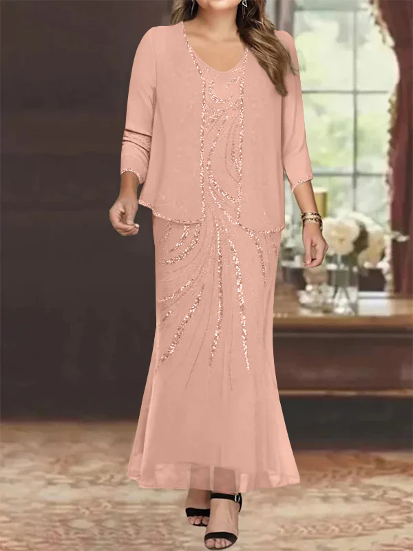 Sheath/Column V-Neck Ankle-Length Plus Size Mother of the Bride Dresses with Jacket & Sequins Beading - Image 13
