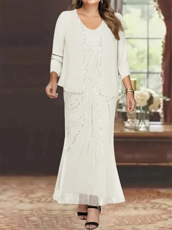 Sheath/Column V-Neck Ankle-Length Plus Size Mother of the Bride Dresses with Jacket & Sequins Beading - Image 17