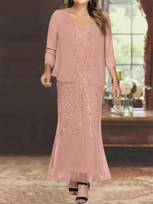 Sheath/Column V-Neck Ankle-Length Plus Size Mother of the Bride Dresses with Jacket & Sequins Beading - Image 18