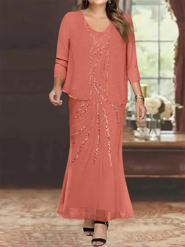 Sheath/Column V-Neck Ankle-Length Plus Size Mother of the Bride Dresses with Jacket & Sequins Beading - Image 26