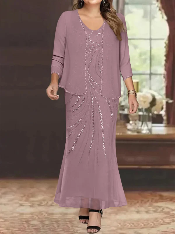 Sheath/Column V-Neck Ankle-Length Plus Size Mother of the Bride Dresses with Jacket & Sequins Beading - Image 28