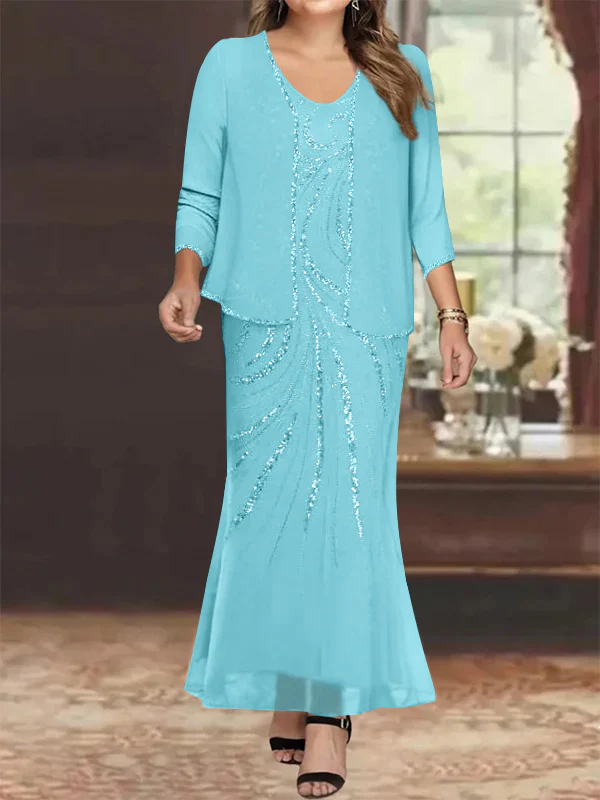 Sheath/Column V-Neck Ankle-Length Plus Size Mother of the Bride Dresses with Jacket & Sequins Beading - Image 29