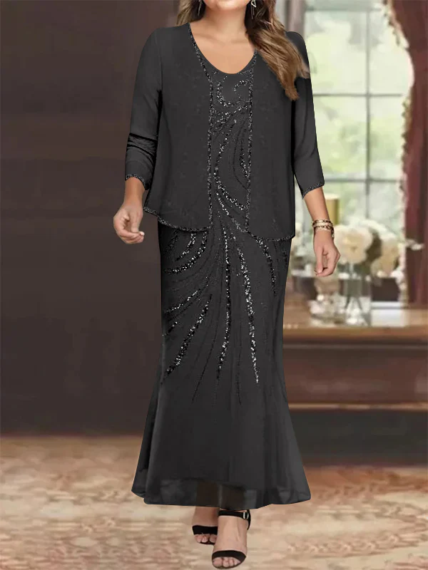 Sheath/Column V-Neck Ankle-Length Plus Size Mother of the Bride Dresses with Jacket & Sequins Beading - Image 3