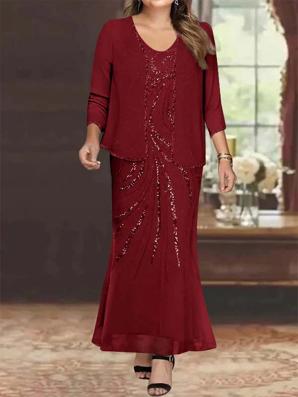 Sheath/Column V-Neck Ankle-Length Plus Size Mother of the Bride Dresses with Jacket & Sequins Beading - Image 30