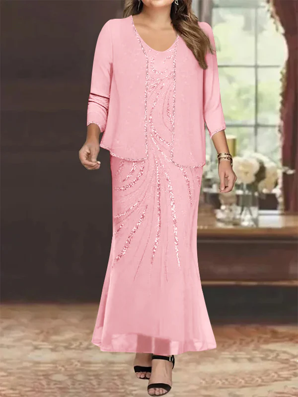 Sheath/Column V-Neck Ankle-Length Plus Size Mother of the Bride Dresses with Jacket & Sequins Beading - Image 31