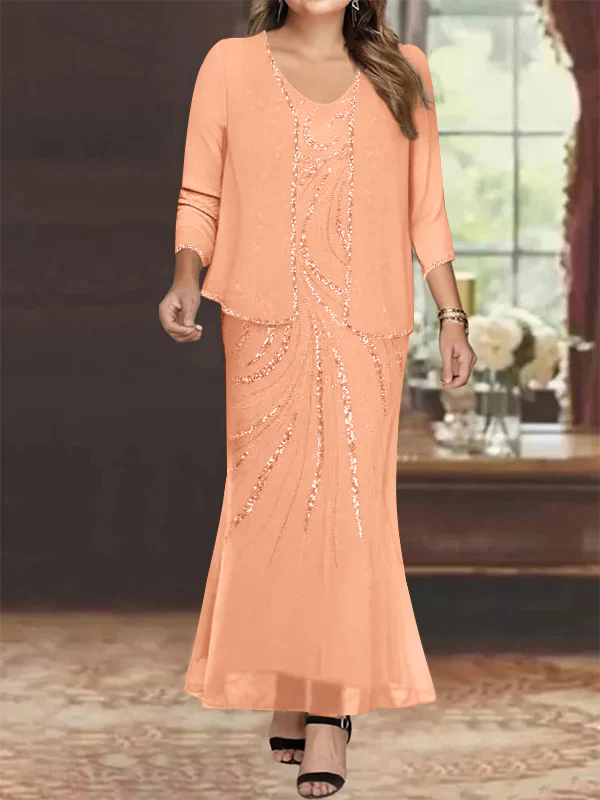 Sheath/Column V-Neck Ankle-Length Plus Size Mother of the Bride Dresses with Jacket & Sequins Beading - Image 33